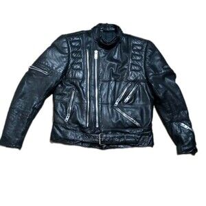 VTG Hein Gericke Leather Motorcycle Racing Jacket Sz 42  Black  Stand Up Collar